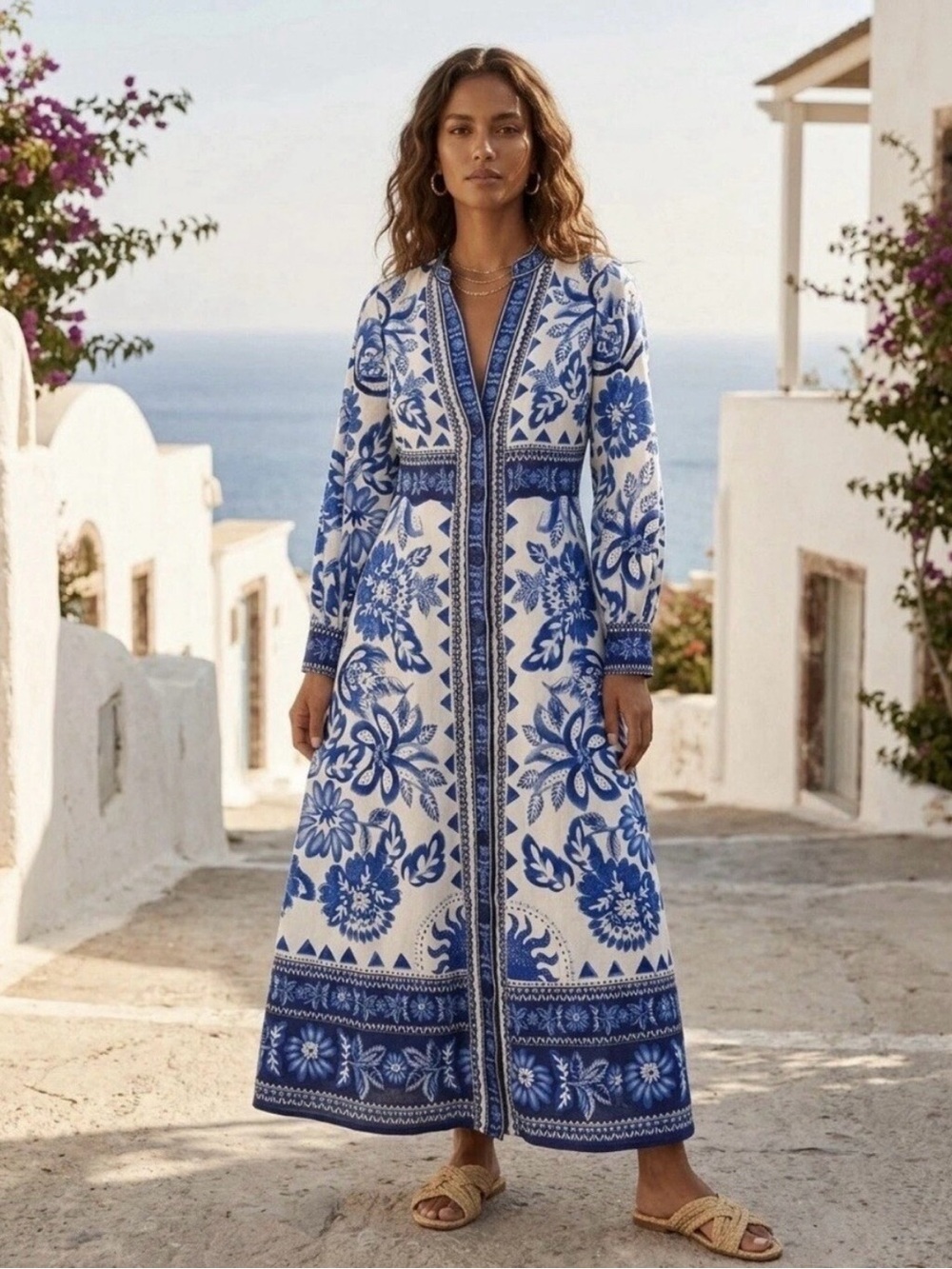 NWT Caroline Constas Blue&White Floral Tapestry Lenzing Trim Linen Dress. $360 S